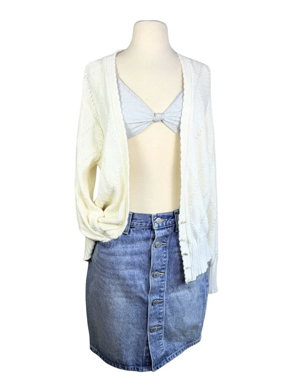 Vintage 90s White Pointelle Knit Cardigan USA Made Oversized Size M